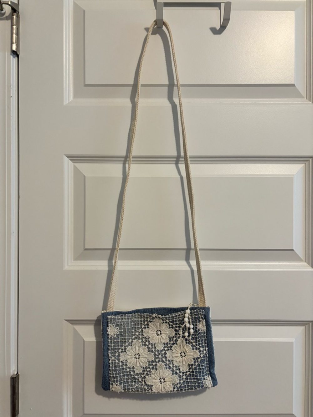 Denim Crochet Floral Crossbody Bag with Cream Strap